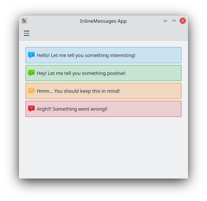 A window showcasing all four inline message types in blue, green, orange and red