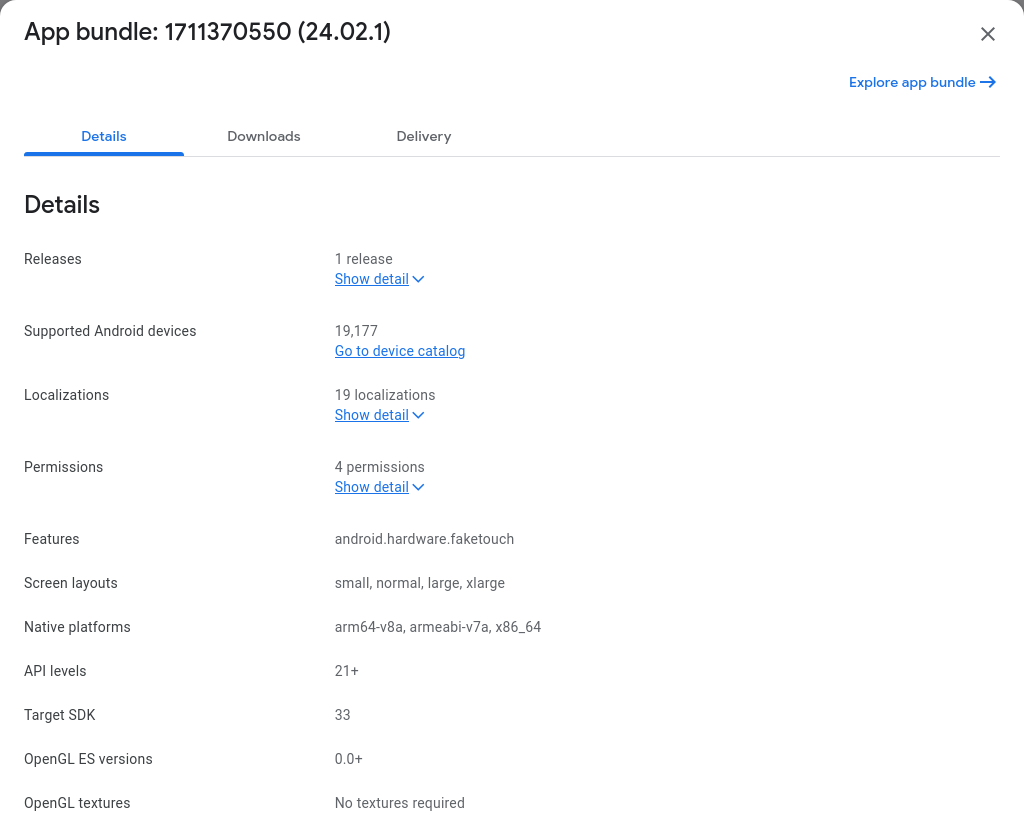 Screenshot showing the details for the uploaded app bundle