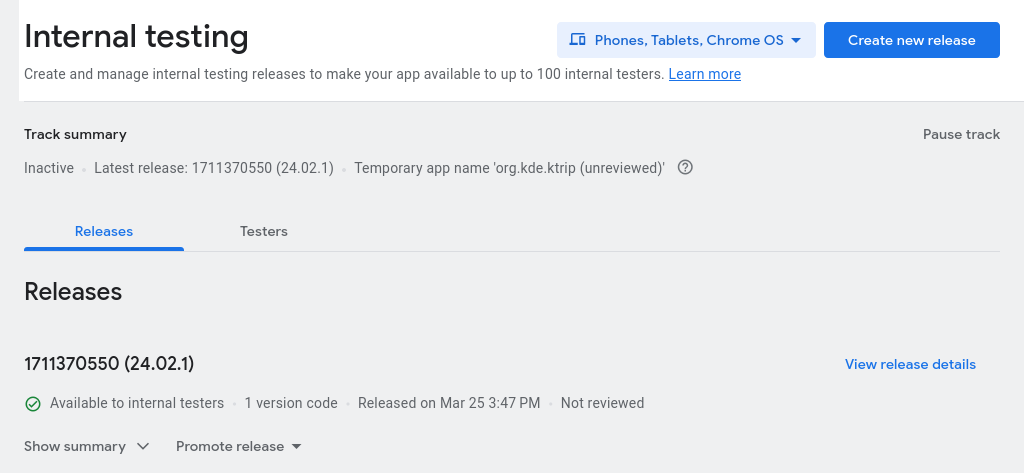 Screenshot showing the 'Internal testing' page listing the first release